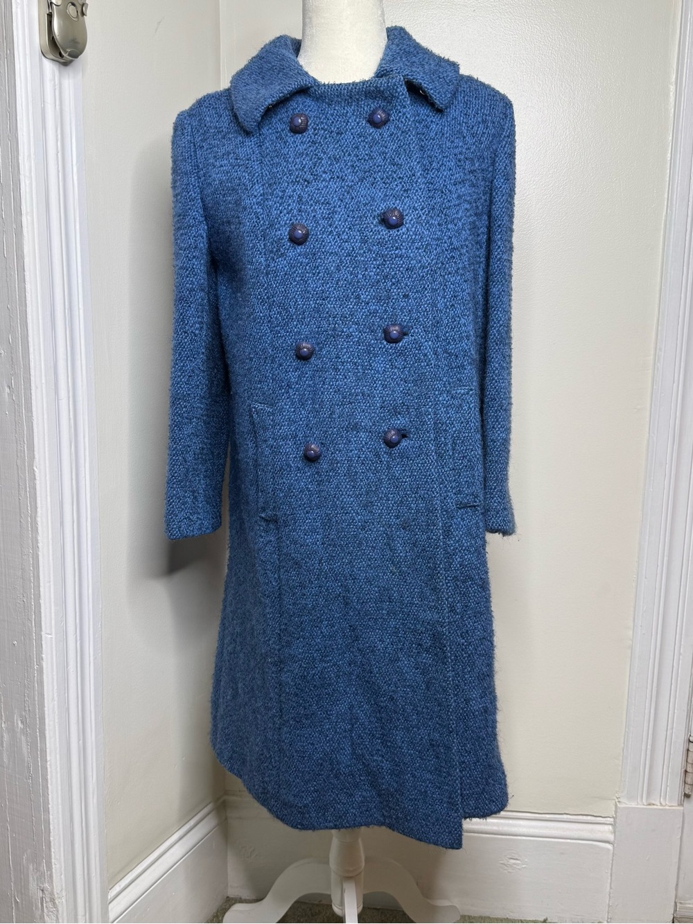 VTG 60s Bromleigh New York Long Double Breasted Pea Coat Blue Tweed Boucle Mod